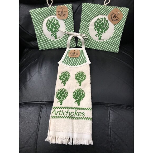 Vtg 1970's Set Of Three Artichoke Kitchen Works B & D Dish Towel 2 Matching Pot - Picture 5 of 10